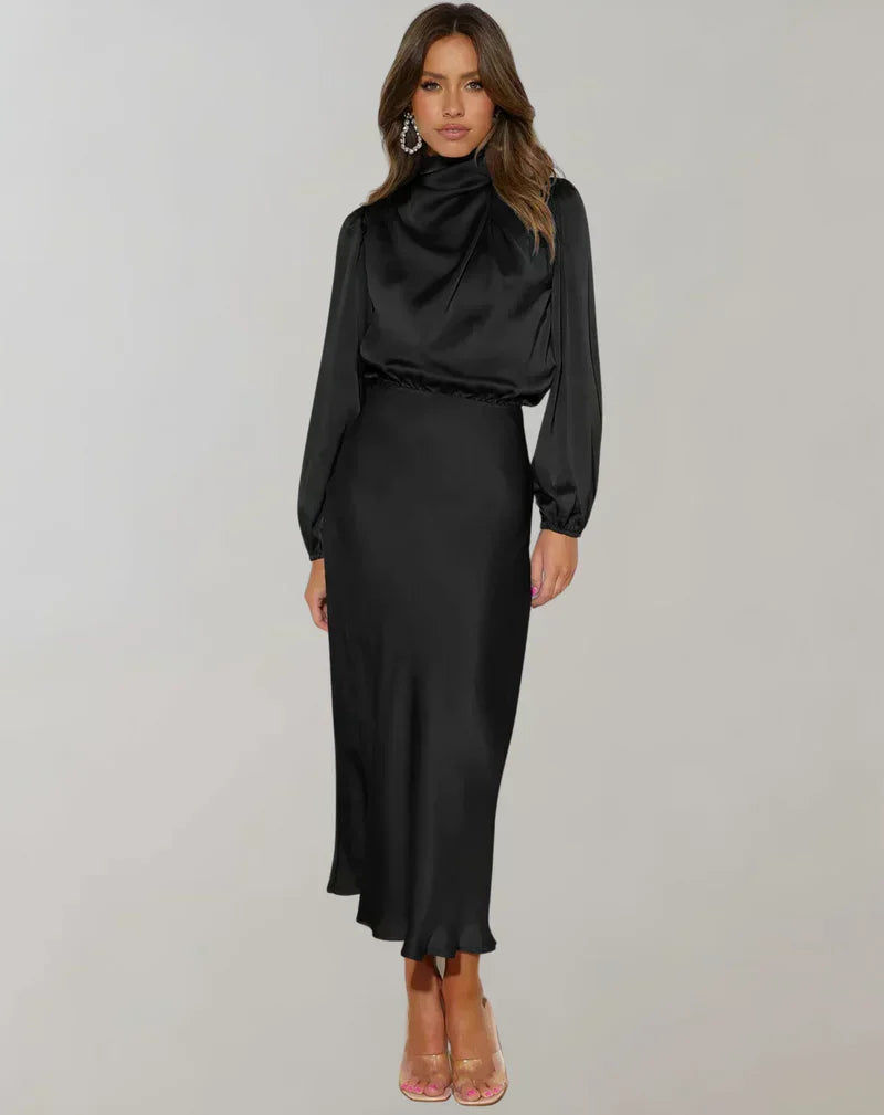 High Neck Satin Midi Dress