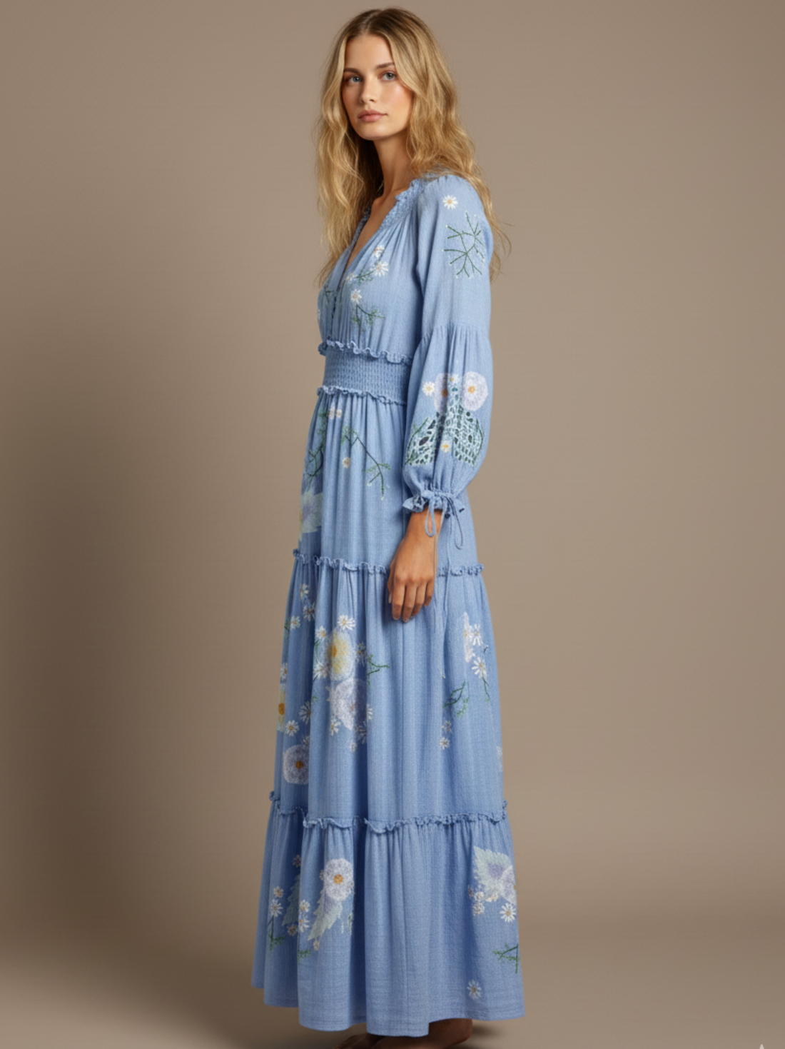 Tiered Embroidered Boho Maxi Dress