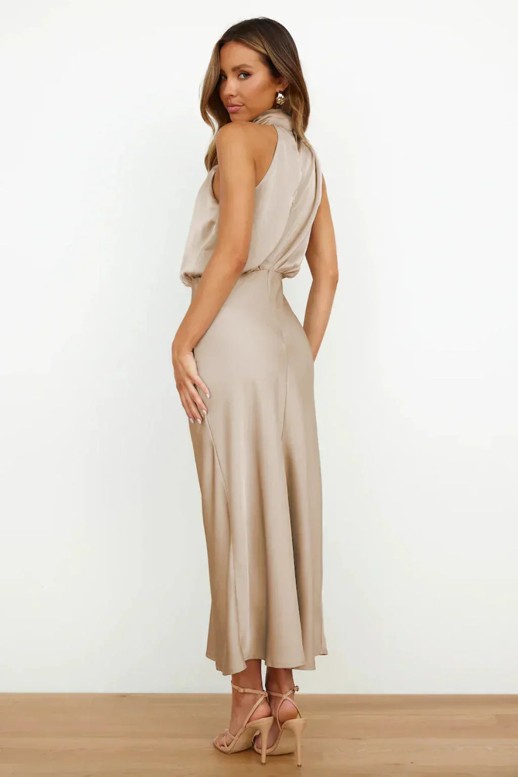 Draped Halter Satin Midi Dress