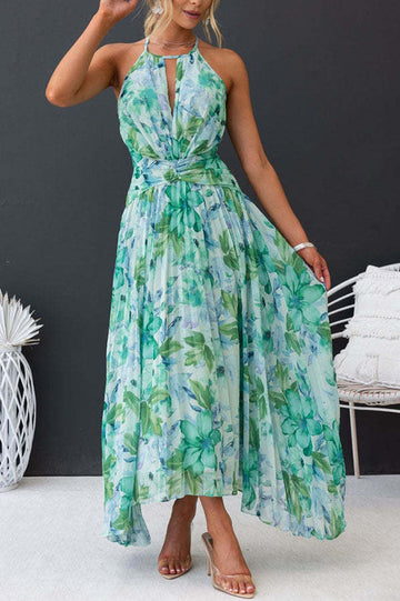 Green Floral Halter Maxi Dress