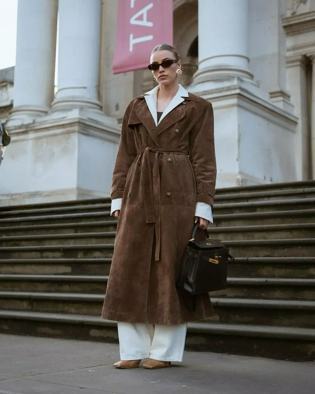 Mokka Wildleder Trenchcoat lang geschnitten