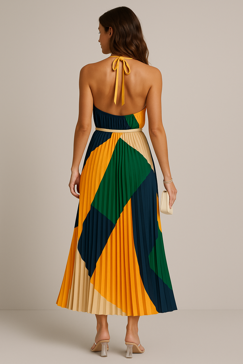 Pleated Halter Tie-Waist Maxi Dress