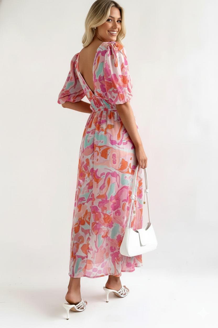 Rosa-orangefarbenes Maxikleid mit Puffärmeln