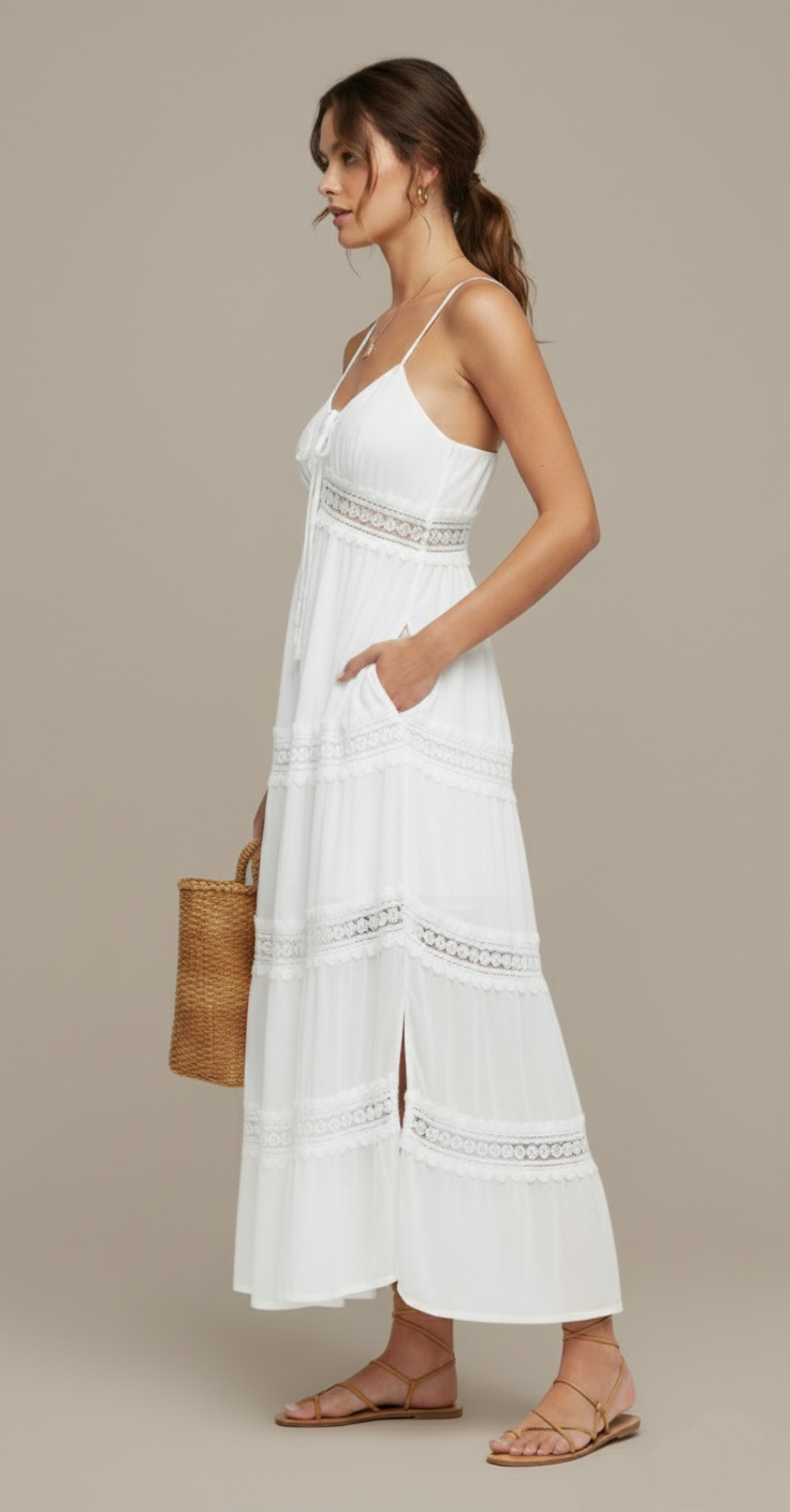 Tiered Lace Strap Midi Dress