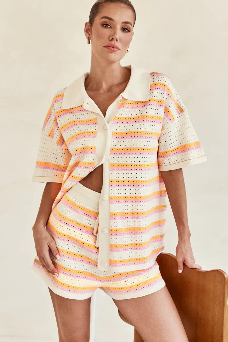 Striped Short Sleeve Button Shirt and High-Waisted Shorts Set
