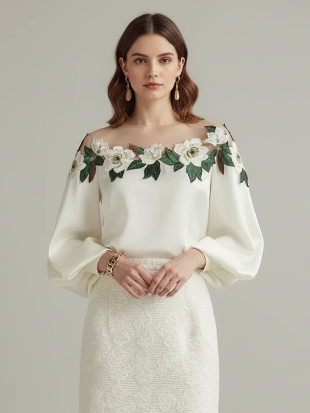 Carmenbluse mit langen Ärmeln und Falten