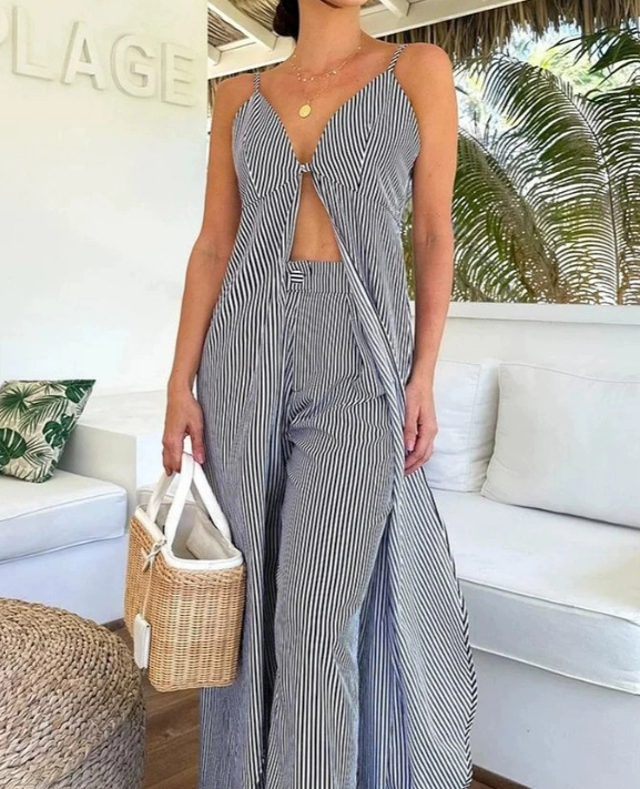 Set Clasic, cu Bluză în Dungi și Pantaloni Wide-Leg