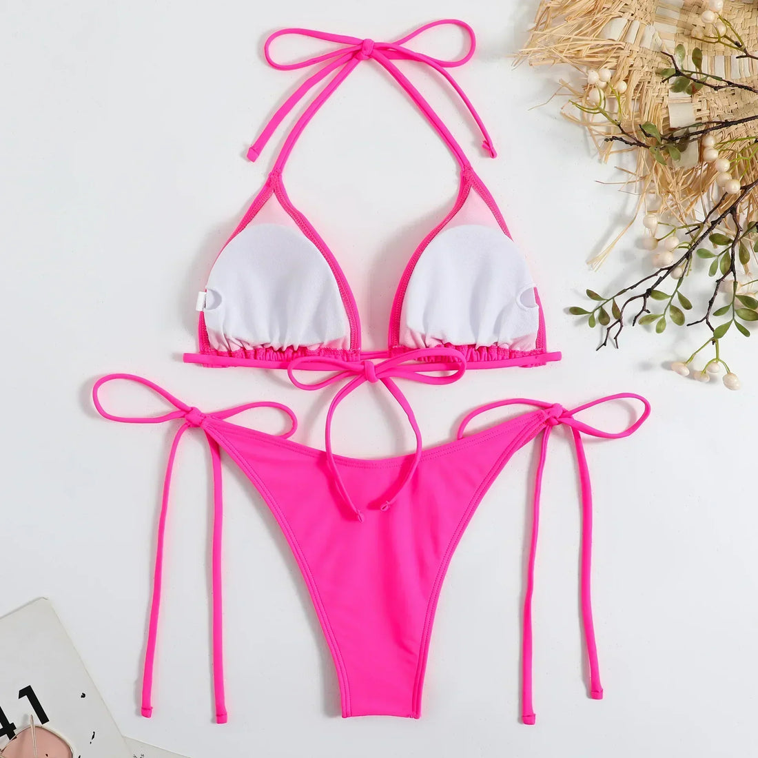 Costum de baie bikini clasic cu șireturi, tip triunghi