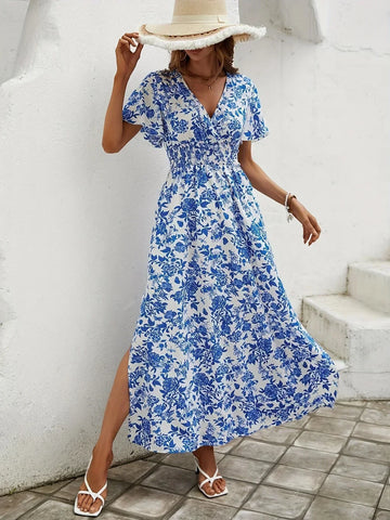 Smocked V-Neck Side-Slit Maxi Dress