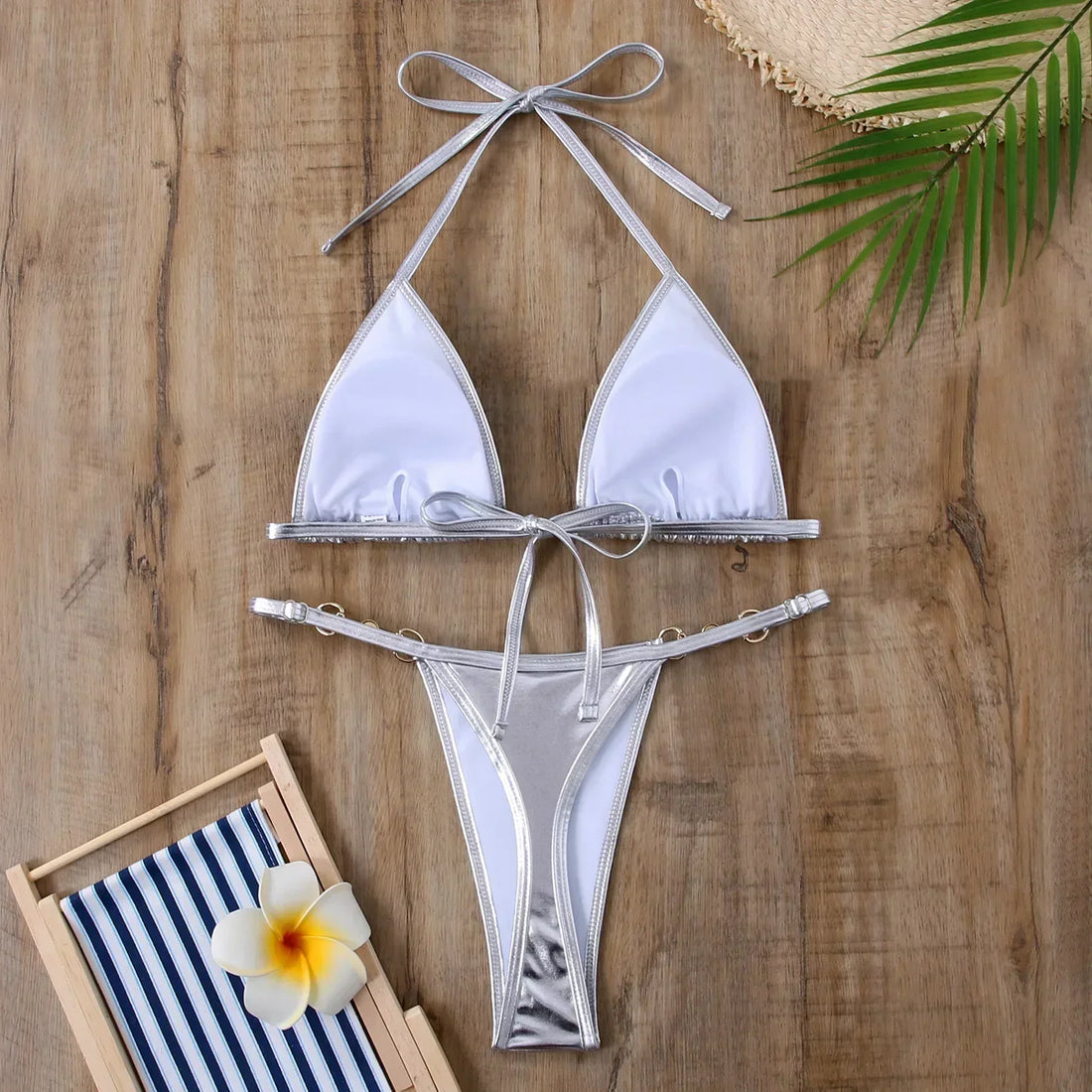 Costum de baie bikini tanga triunghiular metalic
