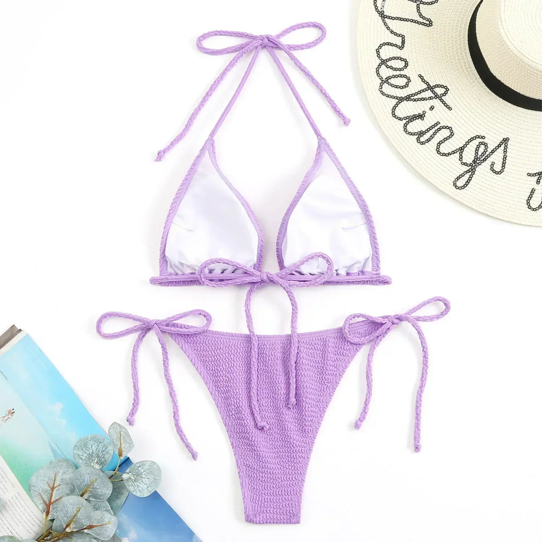 Set de bikini colorat cu dantelă și șnur