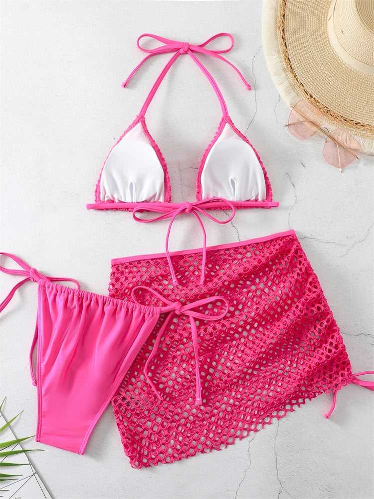 Pinker 3-teiliger Bikini-Set