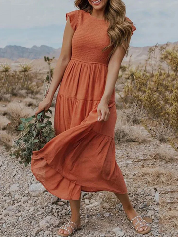 Smocked Ruffle Cap Sleeve Midi Dress