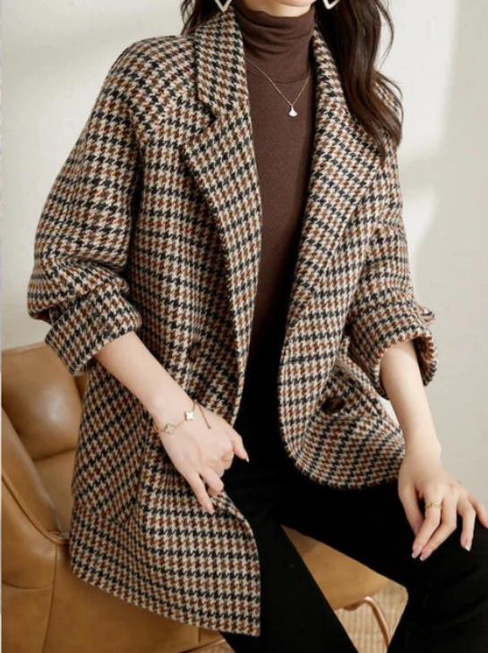 Palton houndstooth la două rânduri de nasturi